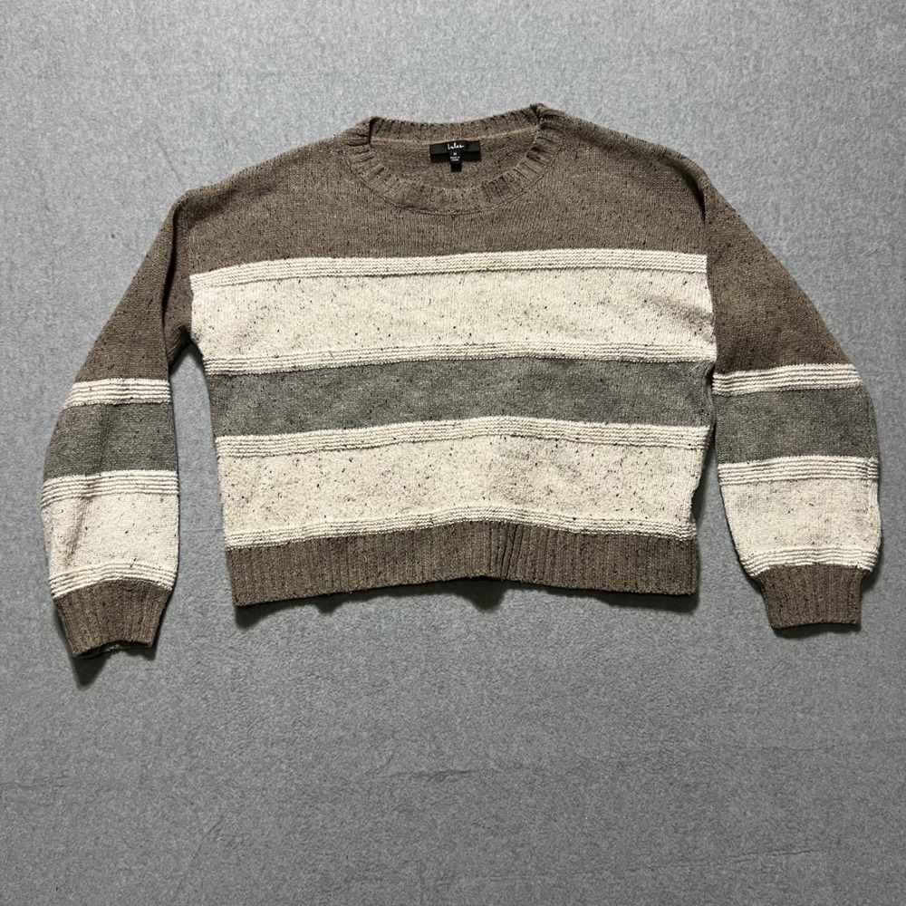 Boho Lulus Womens Striped Knit Crew Neck Sweater Brown Cream Size M Relaxed Fit